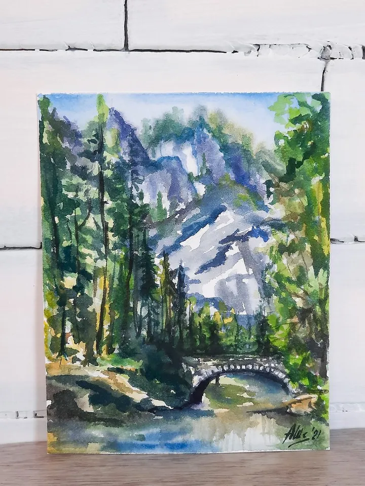 Bridge painting Original watercolor painting Mountain landscape Forest painting