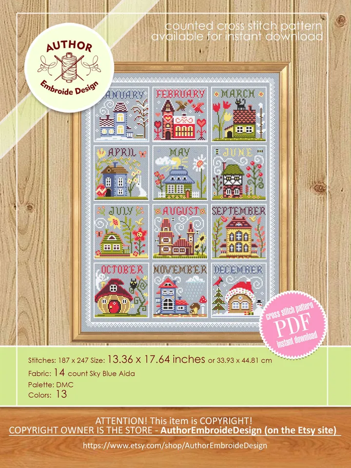 House calendar cross stitch pattern PDF download House seasons cross stitch chart, Cute house pattern digital PDF, Holiday cross stitch #T38