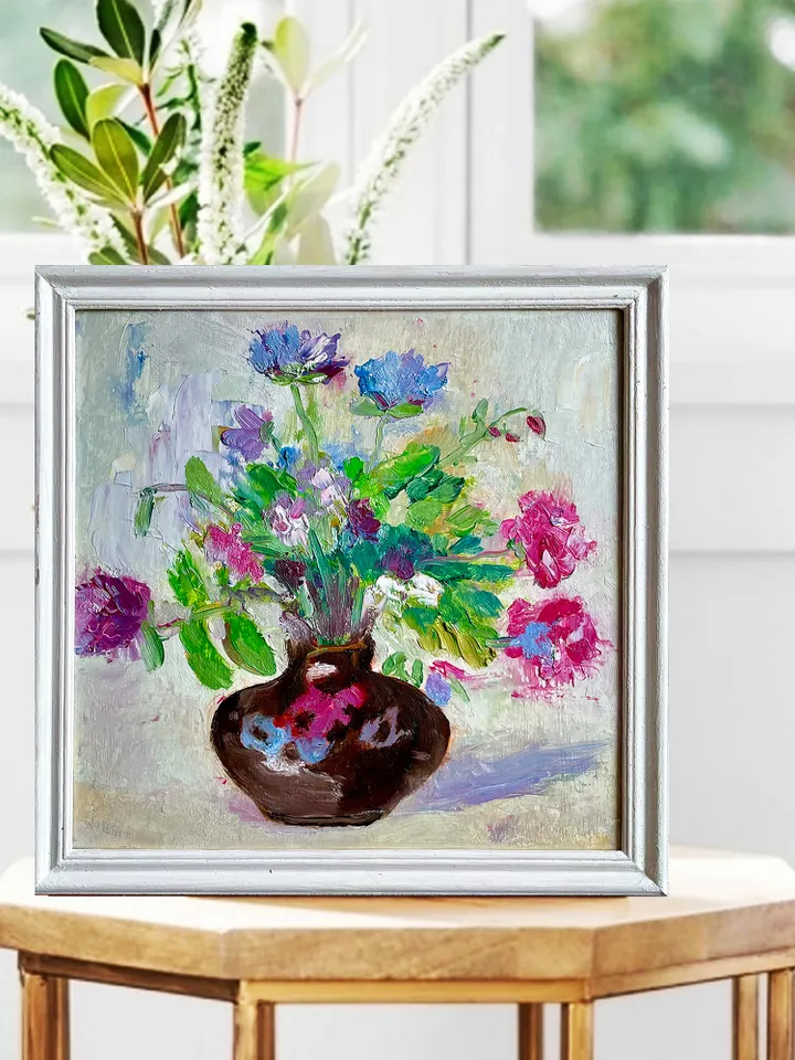 Flower Painting, Framed Original Oil painting, Wildflower Wall Art, Colorful Floral Art
