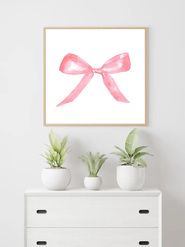 Pink Bow Watercolor Painting Wall Art Print, Baby Girl Gift, Bow Wall Art, Newborn Girl, Pink and White,Pink Chinoiserie Print, Giclee Print