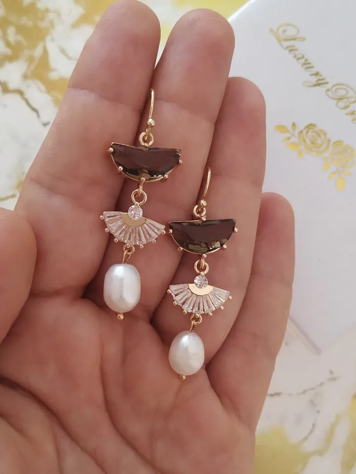 Art deco Wedding Earrings For Bride, Freshwater Pearl Boho Bridal Earrings, Vintage Style, Statement Earrings, Fan Earrings, Boho Jewelry