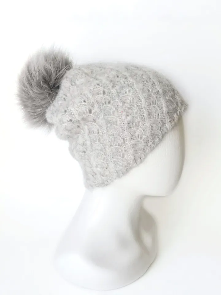 Hand-Knit Mohair Women's Hat in Light Grey with Pom Pom - Unique Winter Accessory. Cozy Handcrafted Women's Beanie. FREE SHIPPING!