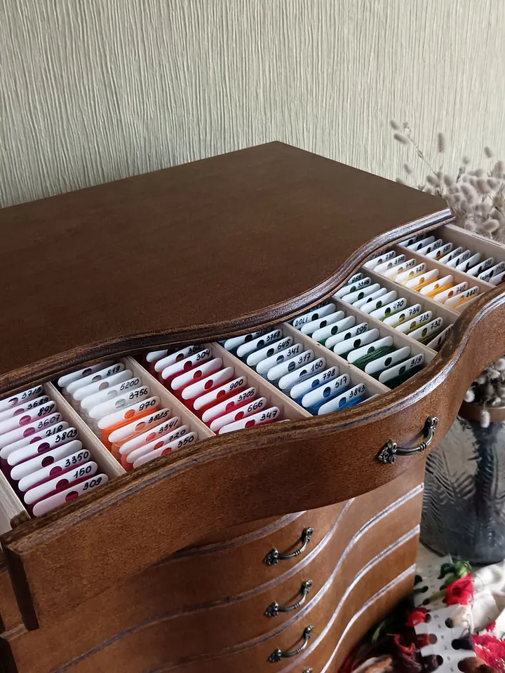 Floss storage cabinet for DMC floss bobbins and skeins, Stitching drawer box with curved faces in vintage style