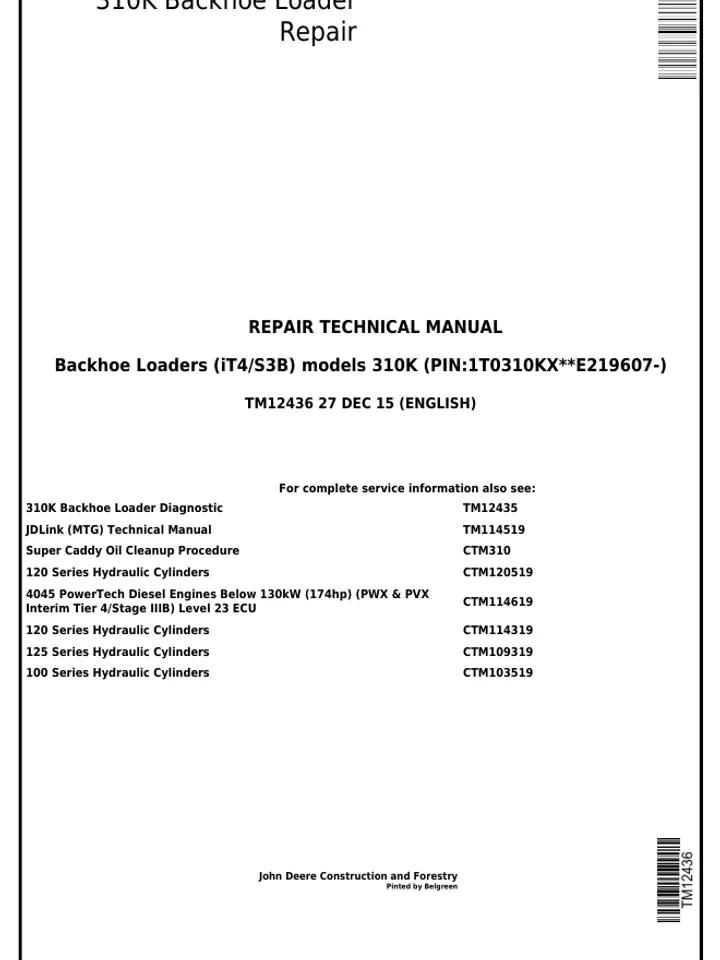 JOHN DEERE 310K EP BACKHOE LOADER SERVICE REPAIR SHOP MANUAL