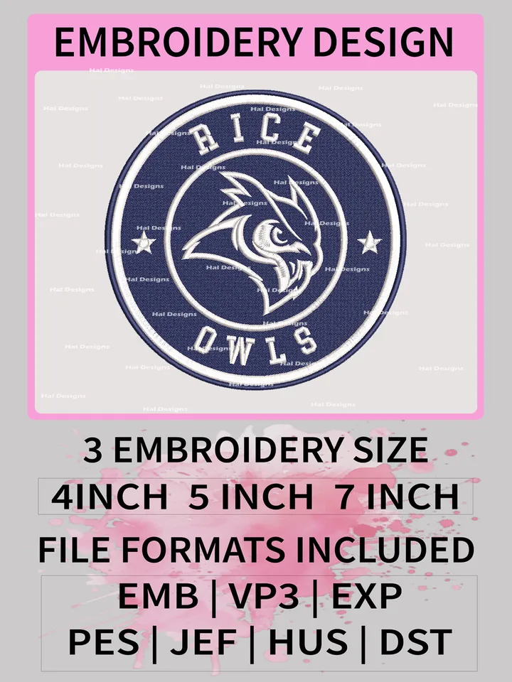 NCAA Rice Owls Embroidery File, 3 Sizes, 6 Formats, NCAA Machine Embroidery Design, NCAA Logo, NCAA Teams