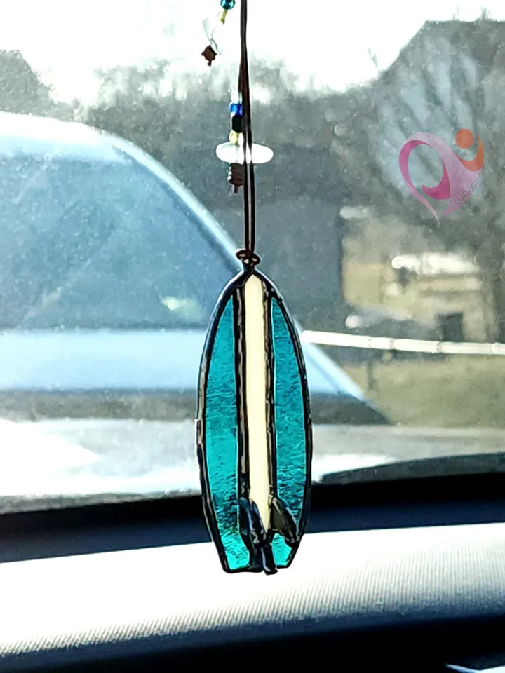 Real Stained Glass Surfboard Pendant Car Charm Mini Suncatcher for Rear View Mirror Cute Bag or Purse Charm Accessory Strong and Unique