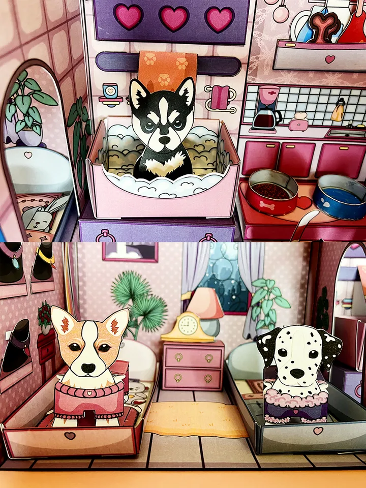 Paper dogs with clothes and house