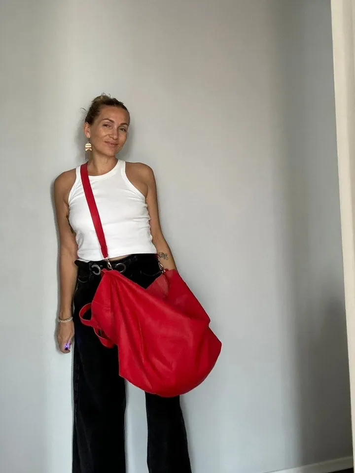 Genuine leather red oversize tote shopper triple handle big bag / everyday purse / handmade bags / designer bags / summer bag /