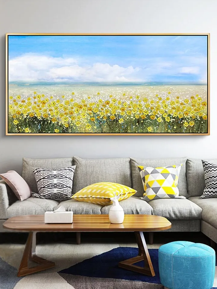 oil painting flower on canvas, original flower painting,yellow flower painting, blue sky painting, landscape painting,living room wall art