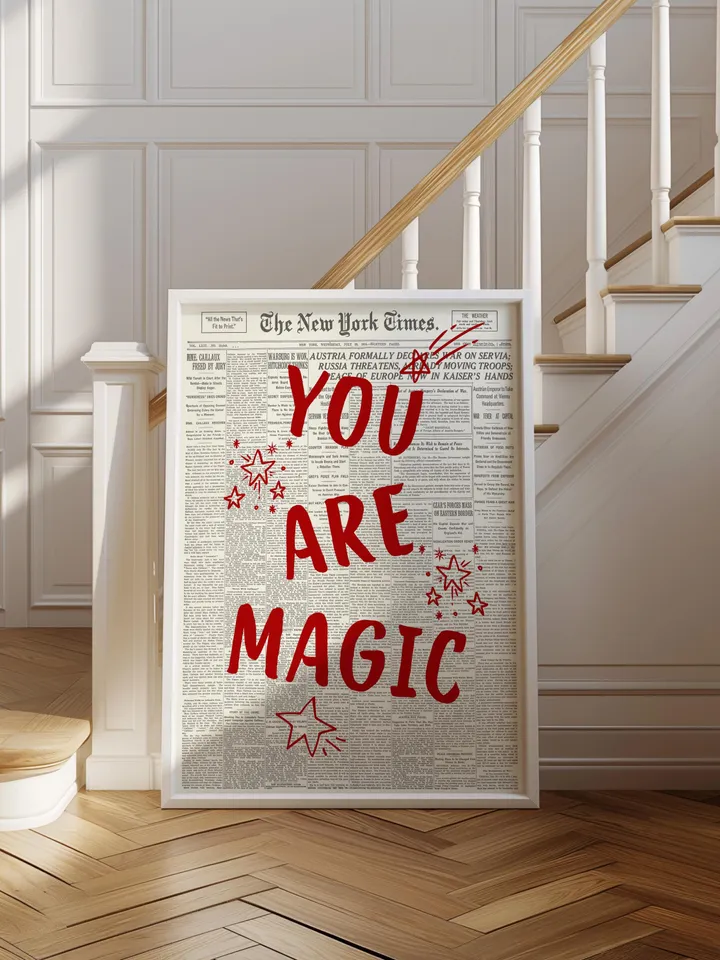 You Are Magic Wall Art, Newspaper Style Printable Poster, Red Typography Quote, Positive Digital Print, Vintage Motivational Decor