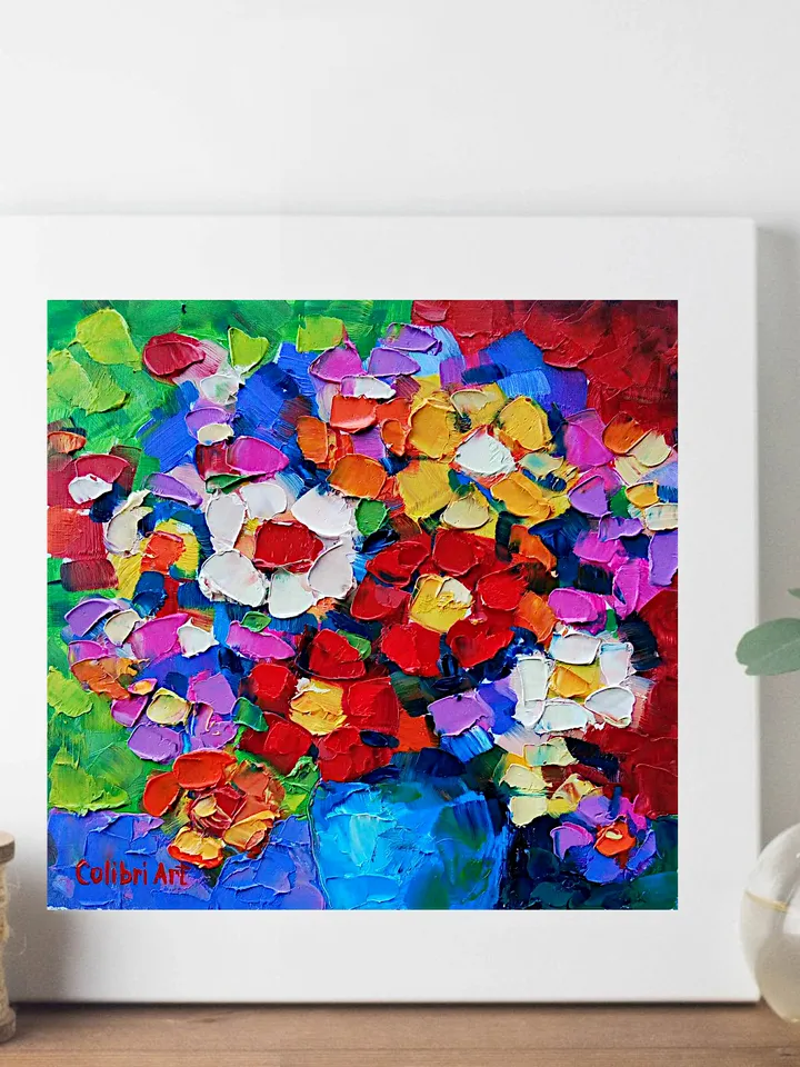 Daisy Painting Abstract Original Art Flower Painting Floral Colorful Small Art Rainbow Still Life 8"x 8" By Colibri Art