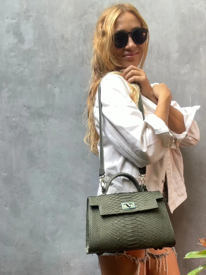 Top handle green khaki classy IDA genuine python skin bag | exotic leather bags | Elegant everyday women purse | snakeskin bag| designer bag
