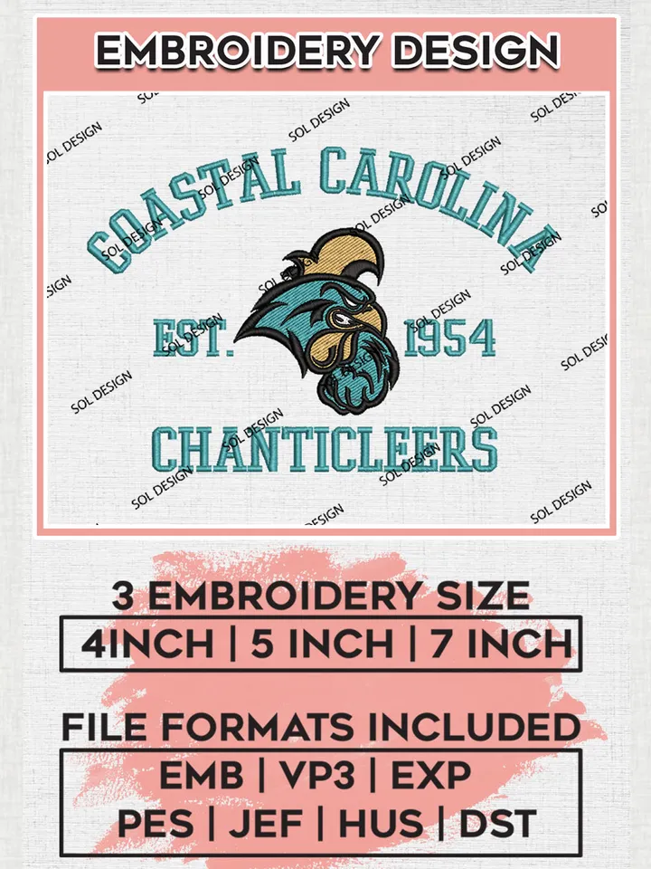 Coastal Carolina Chanticleers Est 1954 Logo Embroidery Designs, NCAA Coastal Carolina Chanticleers Team Embroidery, NCAA Team Logo, 3 sizes, Machine embroidery Files, Digital Download