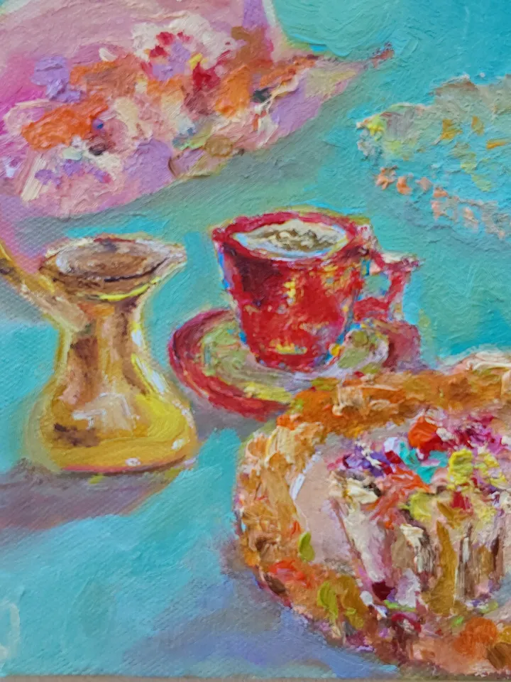 Oil painting on canvas 20x20cm (8x8inch) "Coffee. Afternoon dessert"