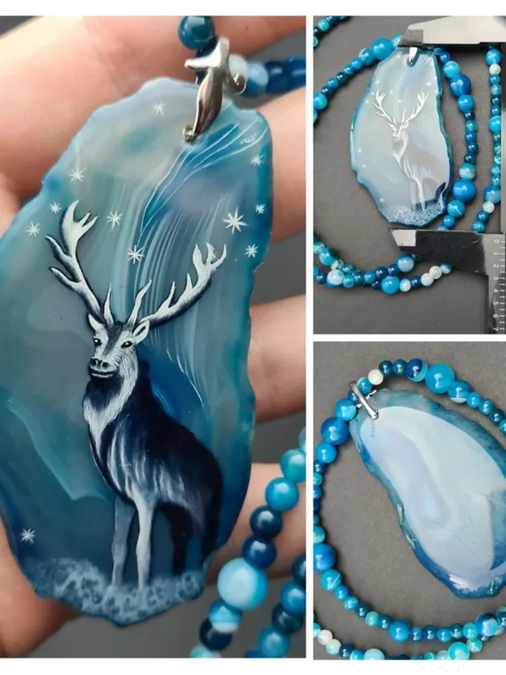 Deer necklace Agate necklace Real oil painting of deer Lacquer miniature