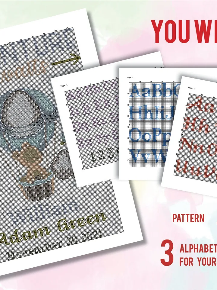Birth announcement Bear Balloon, cross stitch pattern, baby, personalized, Adventure awaits, boy girl nursery, DIY, embroidery, instant PDF