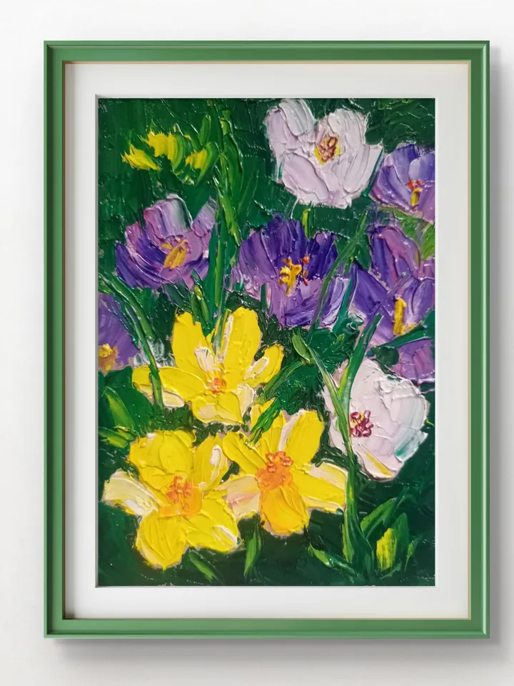 spring vibrant colorful flowers oil painting original painting original portrait of flower wall art crocuses impasto artwork yellow flowers