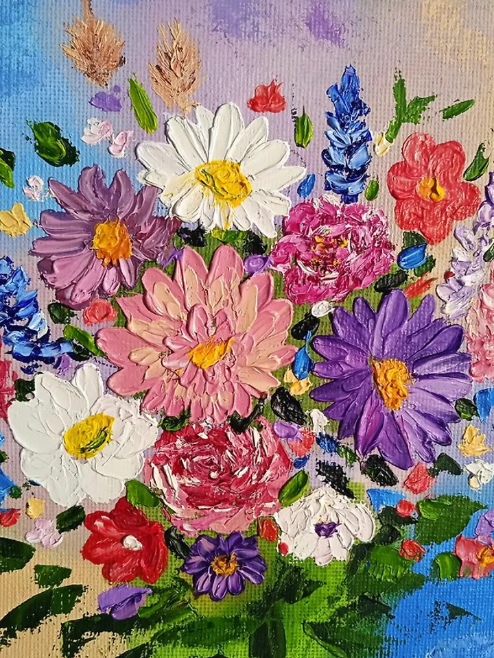 Oil Painting Bright Flowers Chamomile Roses Artistic Miniature Impasto 6 x 6 inc