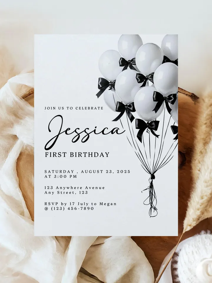 Editable Black & White Bow Balloon Birthday Invitation - Custom Canva Template, First Birthday Party Invite - WB211