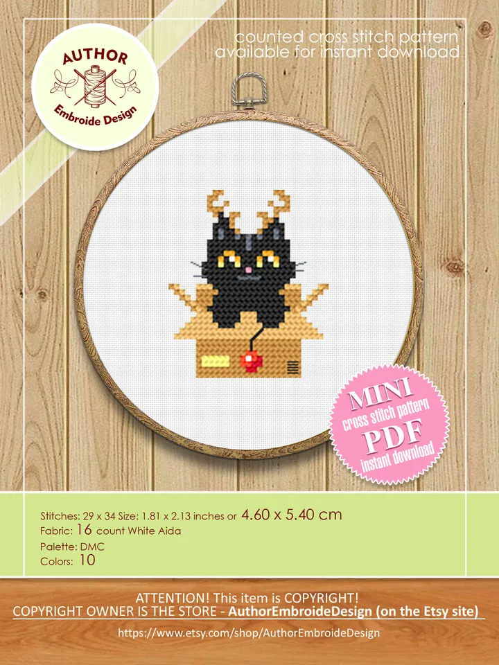 Set Christmas cats cross stitch pattern download PDF, Cute black cat embroidery PDF, Christmas small cross stitch, Funny home cat decor #N79