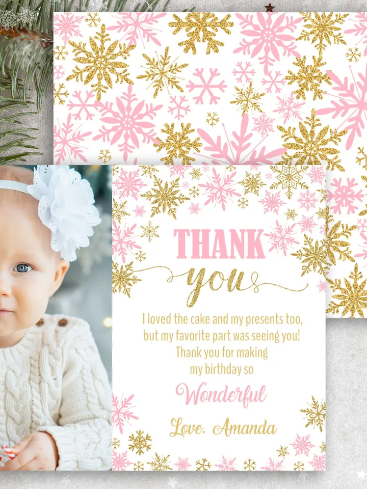 Winter Onederland Thank you card with Photo, Winter Onederland Birthday Girl Decorations, Pink Gold Snowflake Note Card