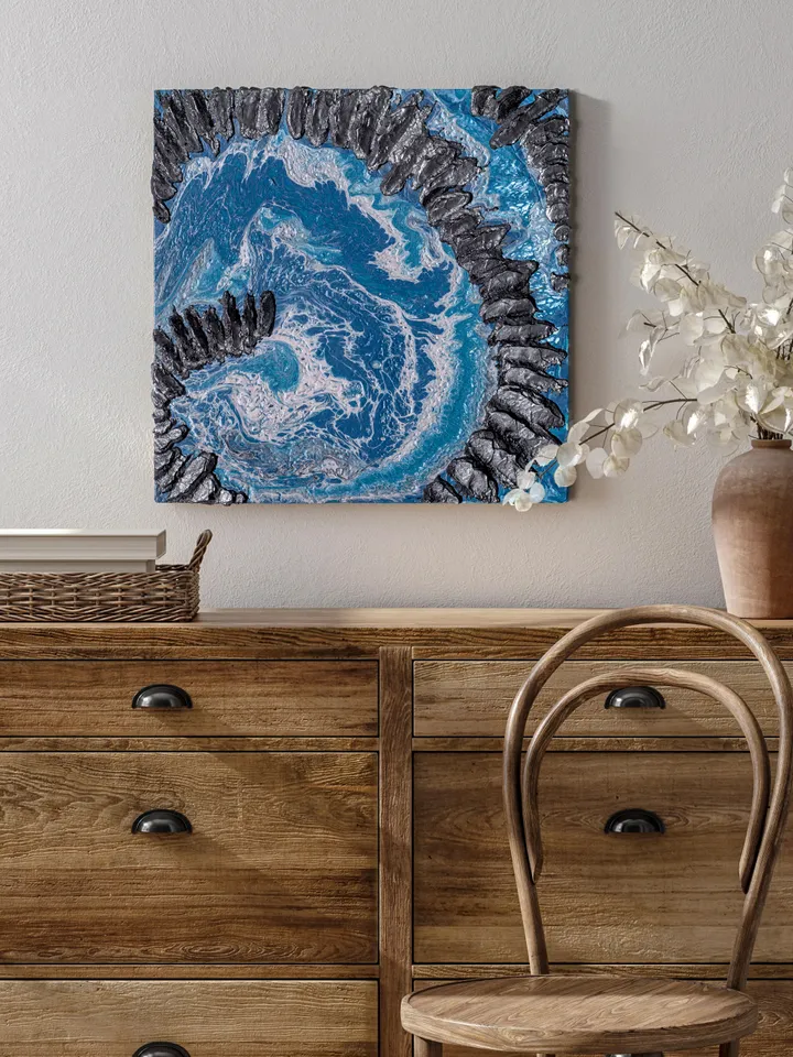 Waterscape wall art | Modern Abstract Sea Painting | 3D Effect Acrylic Art on MDF Board | Handmade Artwork | Blue Square painting | Coral Reef painting