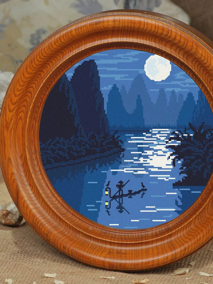 Night nature cross stitch pattern download PDF Chinese landscape cross stitch chart Boat on the river embroidery PDF Nature lover gift #L16