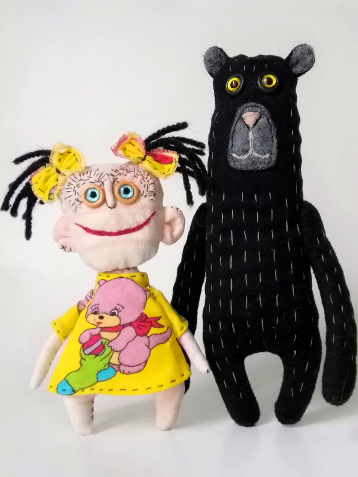 Artistic Handmade Dolls: Girl and Bear, Spooky Funny Fabric Interior Toys: One-of-a-Kind Unique Dolls, Weird and Ugly. FREE SHIPPING!