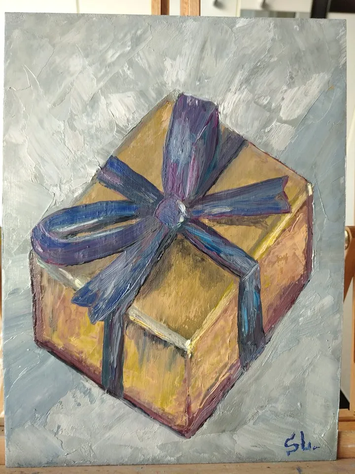 Oil Painting Holiday Gift Box with Blue Bow Original Art Cardboard 10x7 Inch