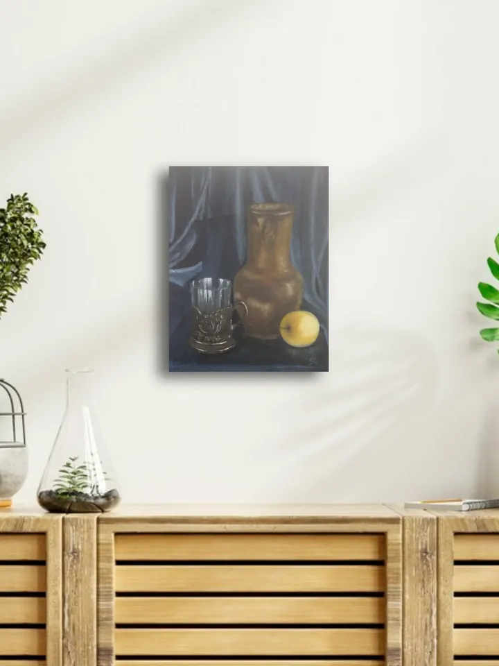 Oil Painting Still Life with Apple and Jug, Glass Goblet on Metal Stand. Vintage Items. Miniature Oil Painting 12x10 Inches