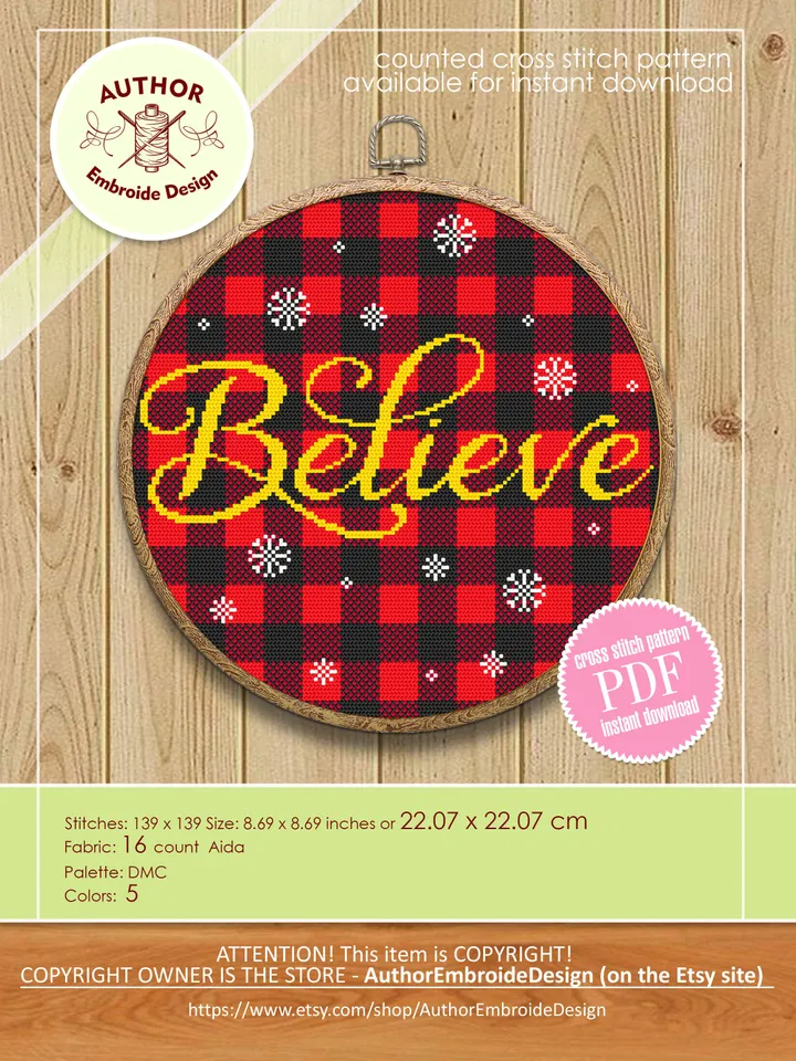 Buffalo plaid cross stitch pattern download PDF Believe Christmas cross stitch chart Merry Christmas pattern digital Holiday ornament #N34