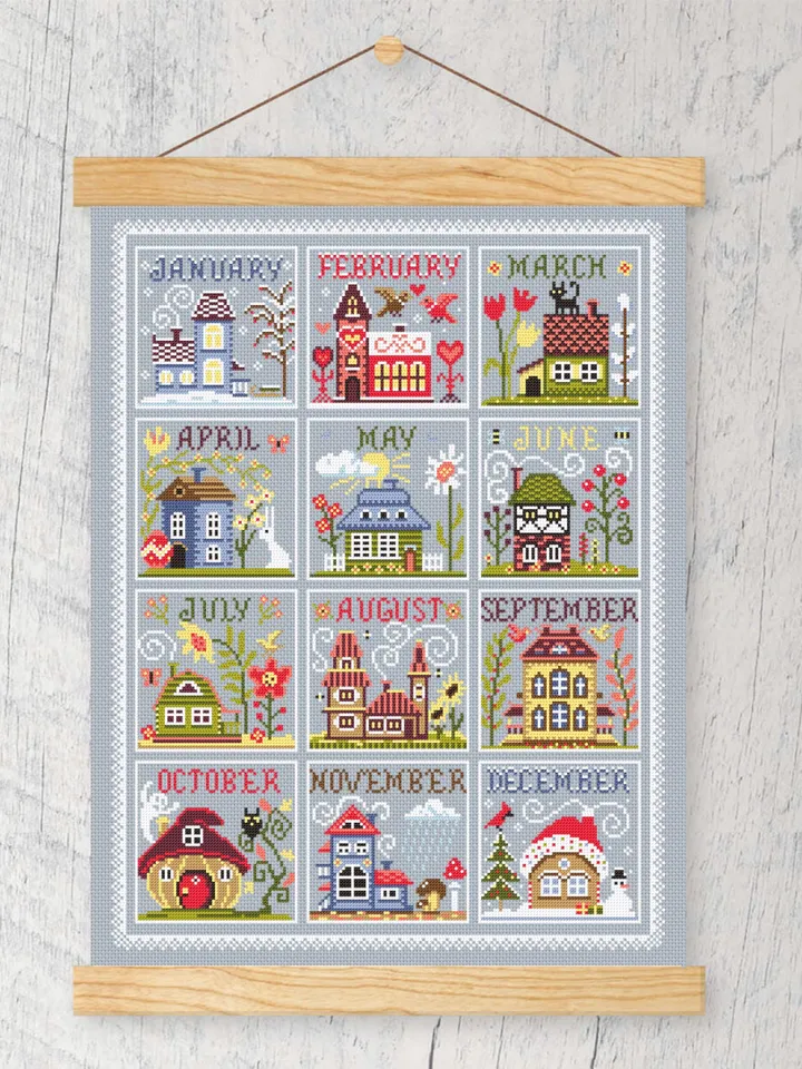 House calendar cross stitch pattern PDF download House seasons cross stitch chart, Cute house pattern digital PDF, Holiday cross stitch #T38