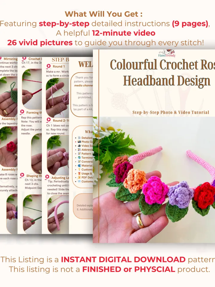 Colourful Crochet Rose Headband Design - Crochet Hair Bow Clip For Kids - Natural Headband Quick Pattern - Flower Baby Headbands