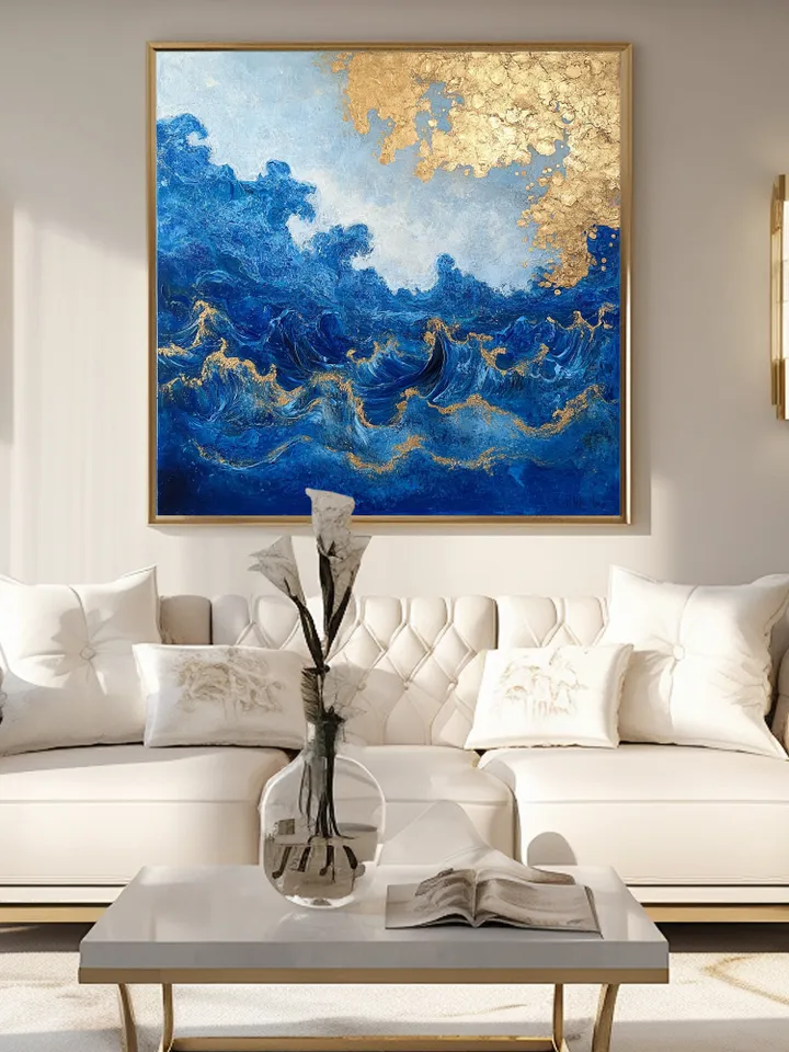 Abstract Gold leaf Oil Painting on Canvas, Original Blue Painting, Large Wall Art, Custom Painting, Living room Office Wall Art, Home Deocr