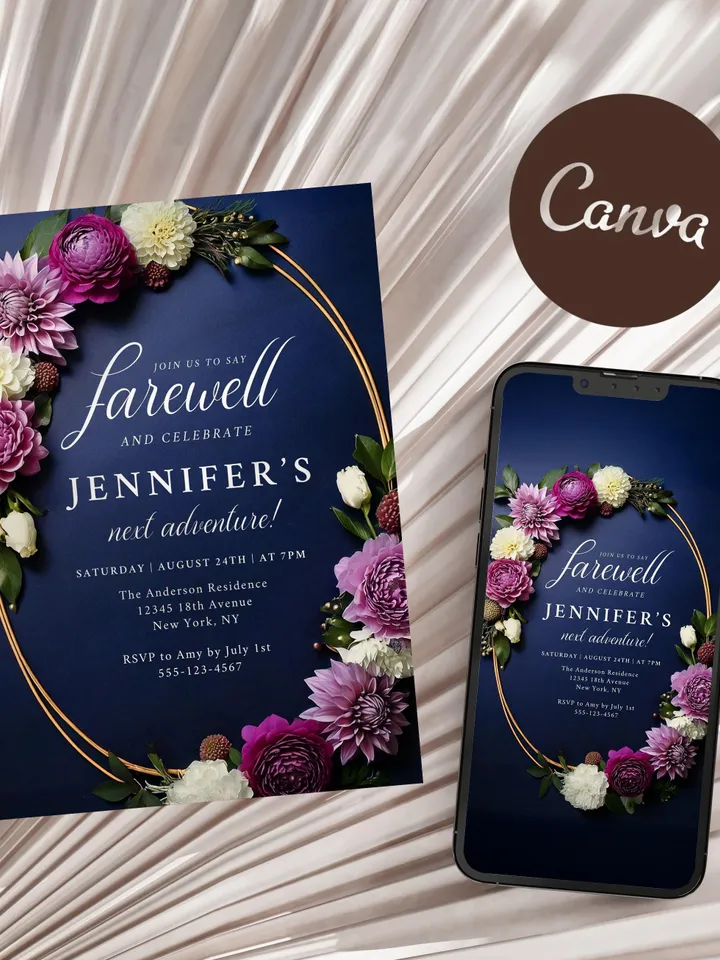Editable Farewell Invitation | Printable Moody Floral Going Away Party Template, Moving Away Canva Digital Template Download