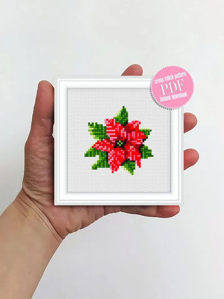 Small Christmas poinsettia cross stitch pattern download PDF Mini cross stitch chart, Christmas pattern digital PDF, Poinsettia xstitch #N5