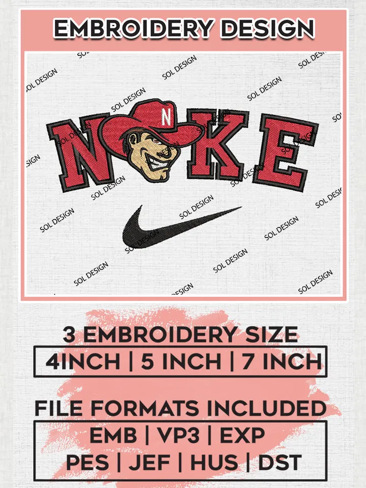 Nike Nebraska Cornhuskers Machine Embroidery Design, NCAA Nebraska Cornhuskers Embroidery Design Design files, NCAA Embroidery Designs, NCAA Machine Embroidery Designs, Digital Download