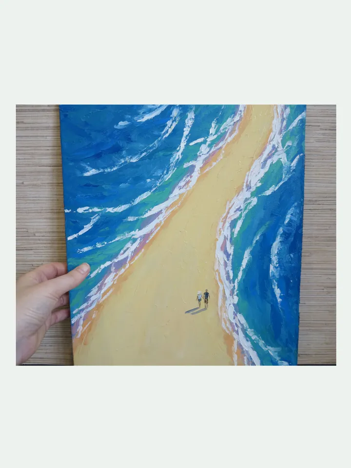 Ocean Shoreline Artwork - Original Palette Knife Oil Painting of a Couple on the Beach on Canvas