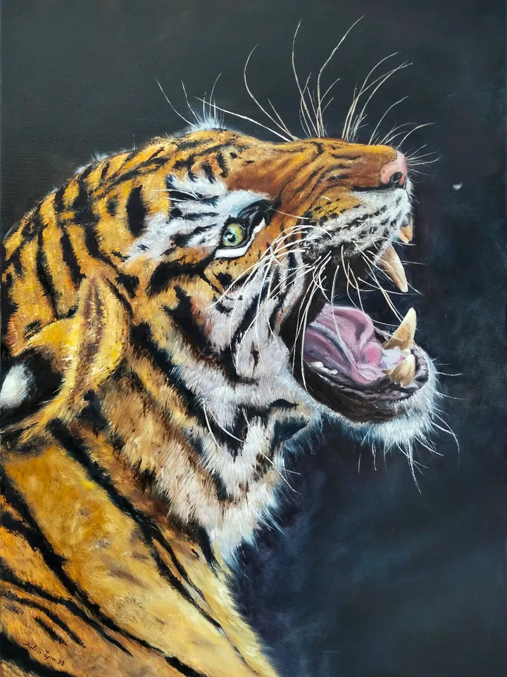 Oil painting Tiger on black background Minimalistic wild animal Wallart on canvas
