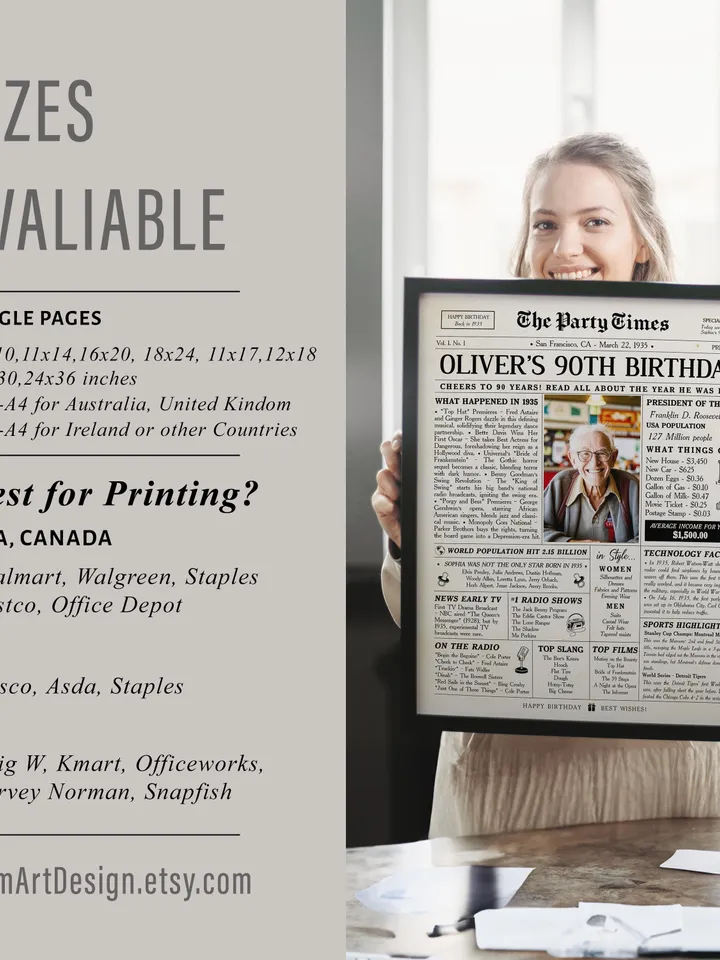 90th birthday newspaper poster for women born in 1935 back in 1935 printable sign personalized 90th birthday gift vintage style decor