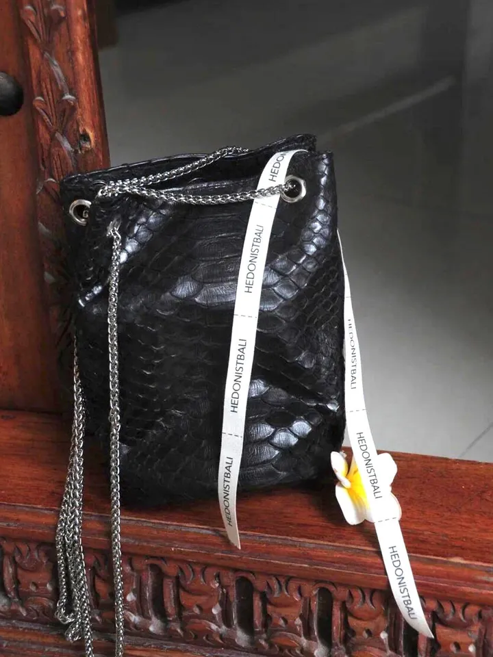 Genuine python skin bucket black chain bag / designer women purse / small soft sport bag / exotic leather bags free shipping | gift for her