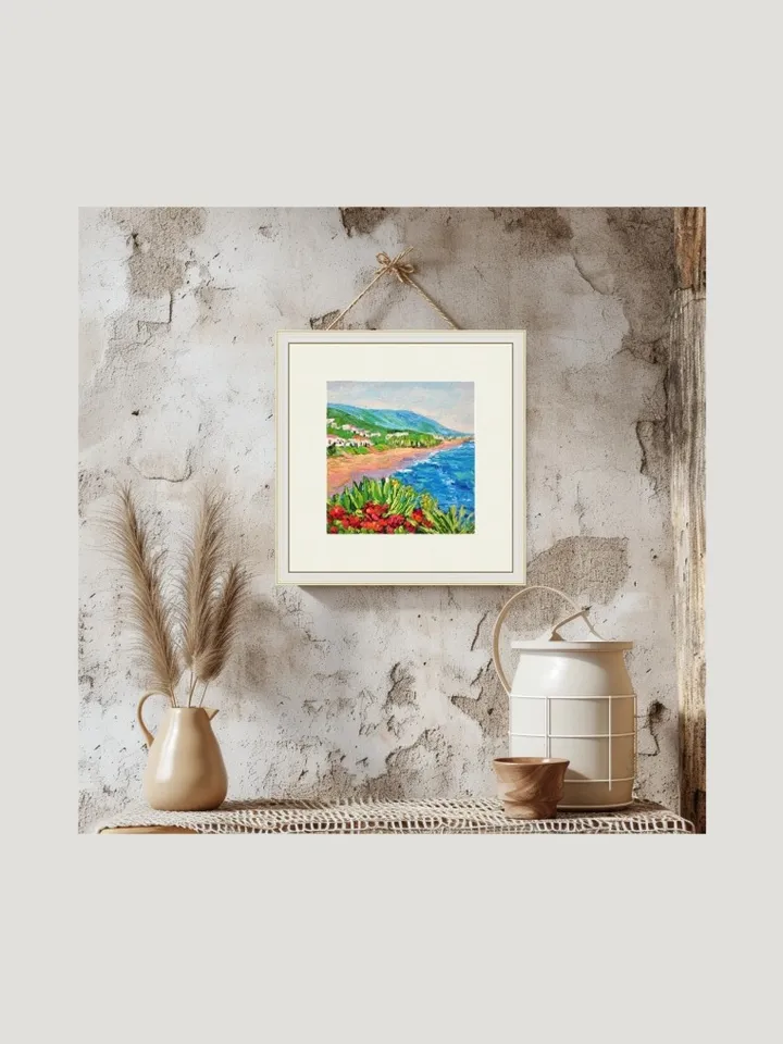 Original Oil Painting Vibrant Red Flowers and Ocean View Palette Knife Art Beach Landscape with Red Blooms Mini Artwork