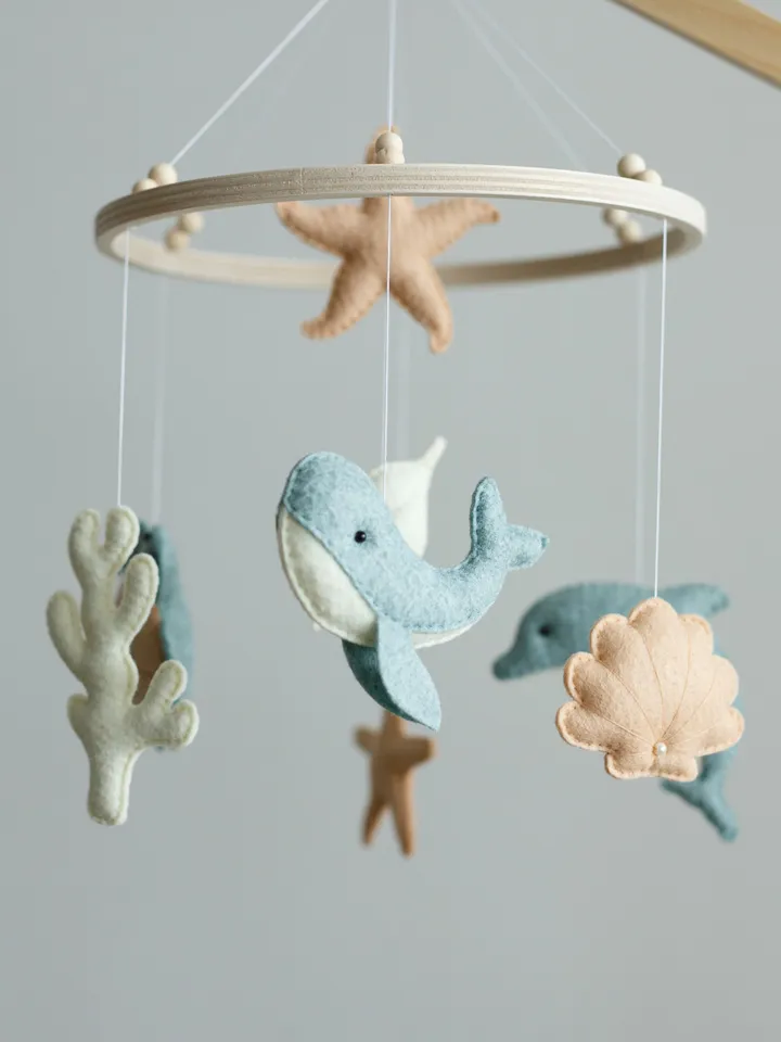Handcrafted Whale, Turtle, Dolphin and Ocean Themed Felt Baby Mobile - Customizable Nursery Decor