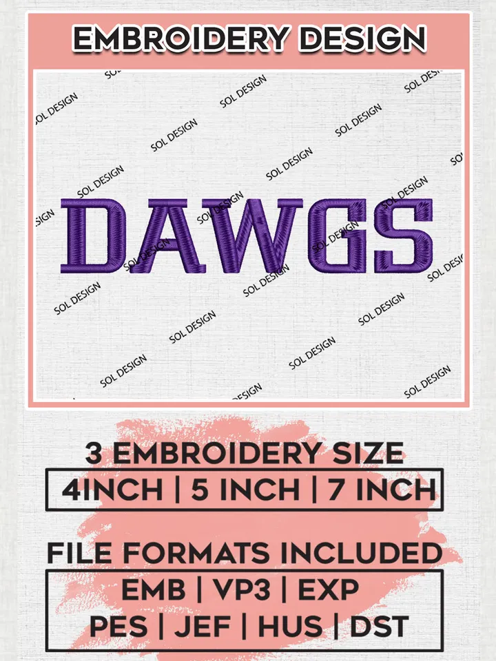 NCAA Dawgs College Football Team Logo Embroidery Design Files, NCAA Washington Huskies Machine Embroidery, NCAA Teams, 3 sizes, NCAA Machine embroidery designs, Digital Download