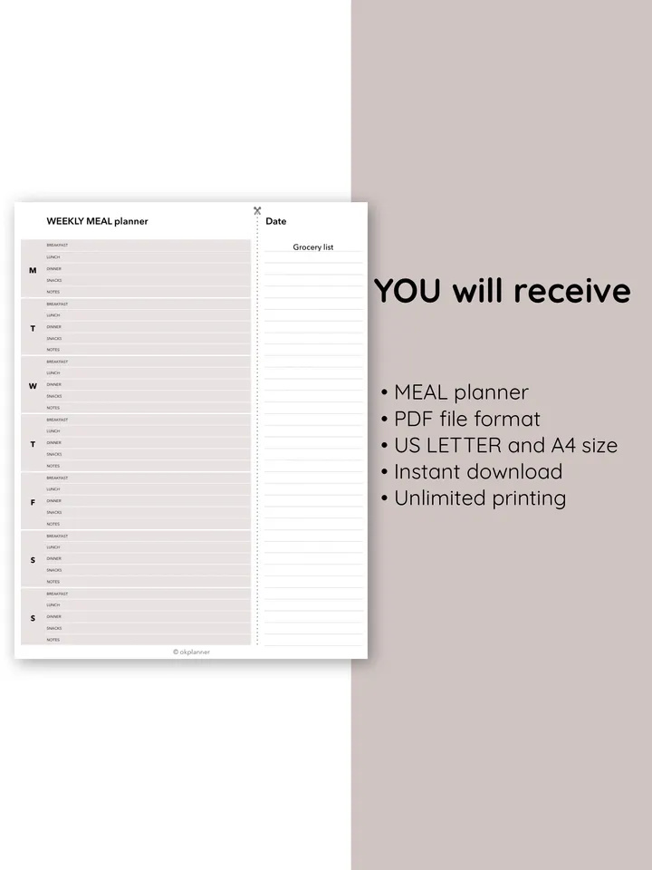 Weekyl meal planner with grocery list. Family budget. Weekly menu. Menu planner sheet. Household planner.
