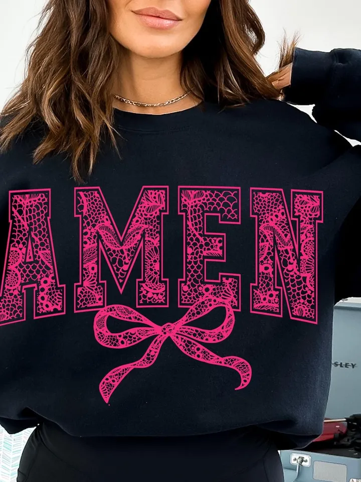 Amen Pink Lace Bow png, easter png, Lace Coquette Bow png, Spring png, Lace bow easter png, Faux Embroidery Girly, bible verses easter png
