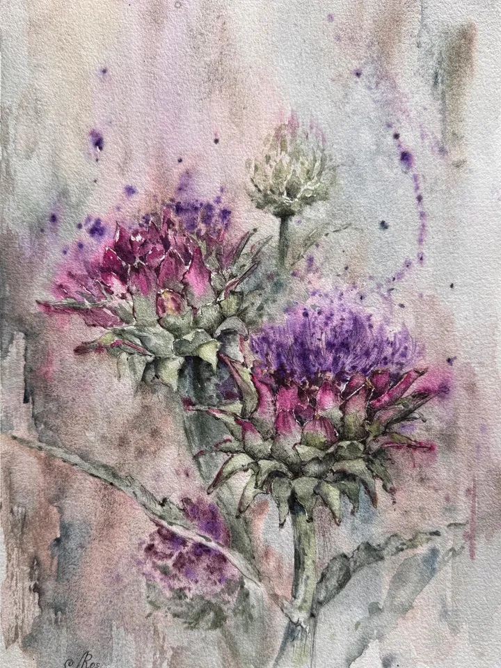 Artichoke Art Flowers Original Painting Wildflowers Wall Art  Meadow Painting