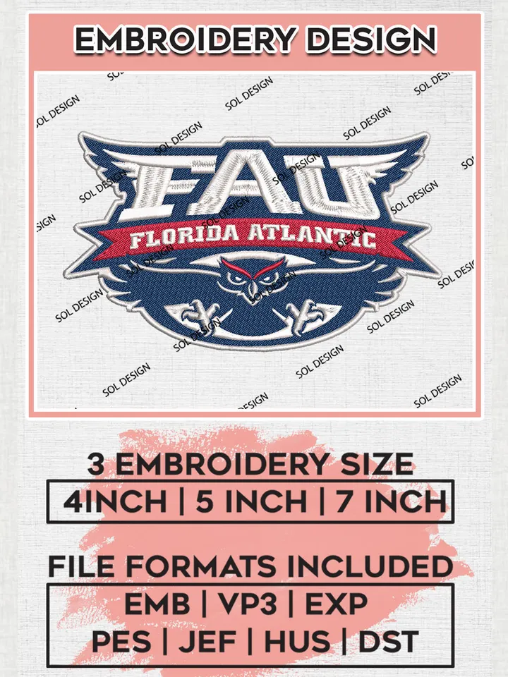 NCAA FAU Owls Logo Embroidery Design Files, NCAA Florida Atlantic Owls Team Embroidery, NCAA Game Day, Machine embroidery designs, Digital Download