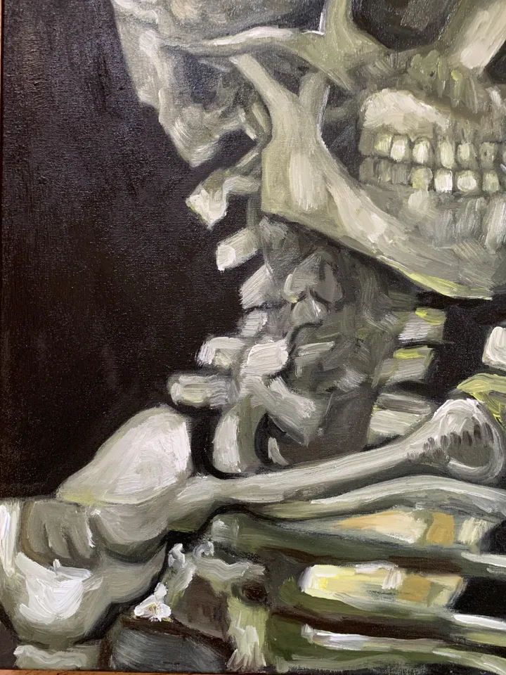 Skull with Burning Cigarette (Replica) – Oil Painting on Canvas 12×16 in by MyFoxyArt