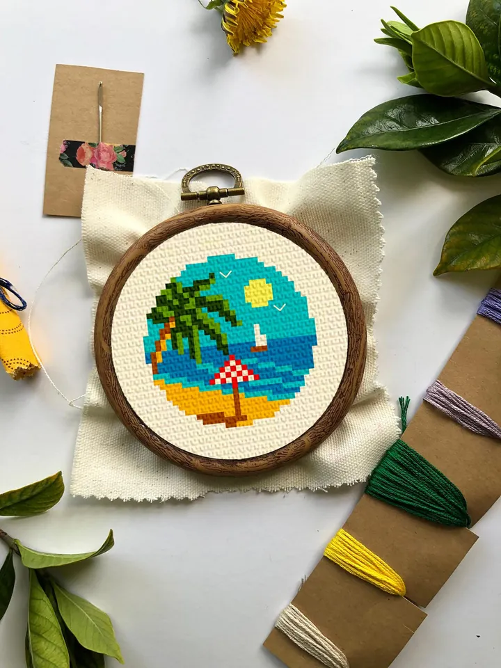 Small cross stitch pattern download PDF Nature palm beach mini embroidery beginners Tiny ocean picture cross stitch Nature lover gift #L42